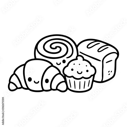 Adorable bakery items with happy faces simple outline drawing
