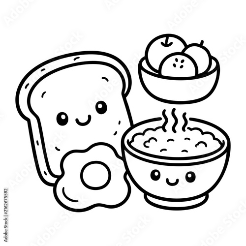 Cute cartoon breakfast meal with toast egg fruit and hot cereal