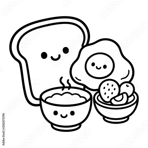 Happy breakfast characters bread egg oatmeal fruit bowls monochrome