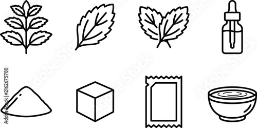 Natural Sweetener and Mint Stevia Leaf Line Icon Set with Sugar Cube Dropper Bottle and Bowl Symbols