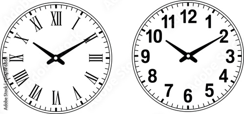 Classic round wall clock face vector set with Roman and Arabic numerals isolated on a white background.