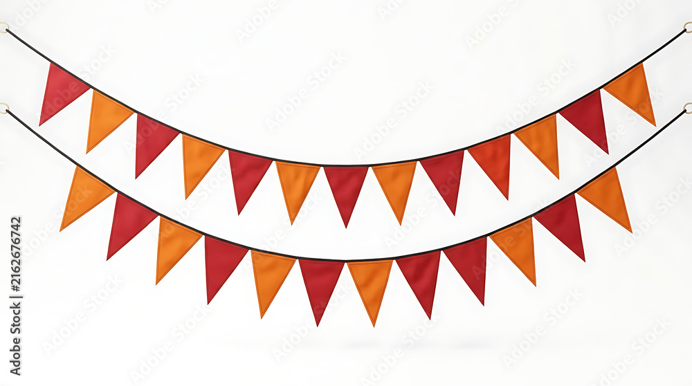 Fototapeta premium Red and orange bunting flags hanging on white background for festive party decoration