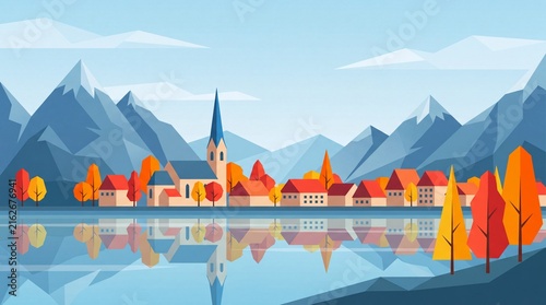 low poly digital illustration of Austria featuring Vienna skyline, Alpine mountains, crystal lakes and medieval villages, geometric contemporary artwork with vibrant colors