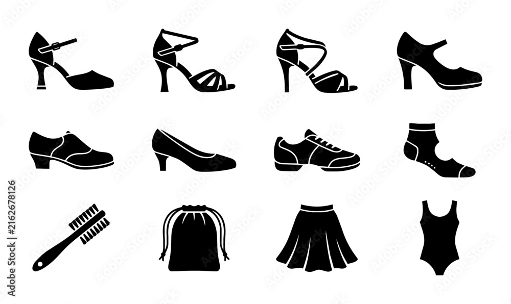 Fototapeta premium 12 Diverse Footwear and Apparel Icons, Vector Set: Elegant Heels, Sneakers, Skirt, Swimsuit, Brush, Bag for Fashion and Dance