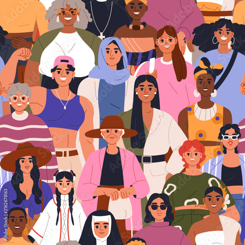 Diverse people, woman crowd, multicultural characters pattern. Seamless patte...
