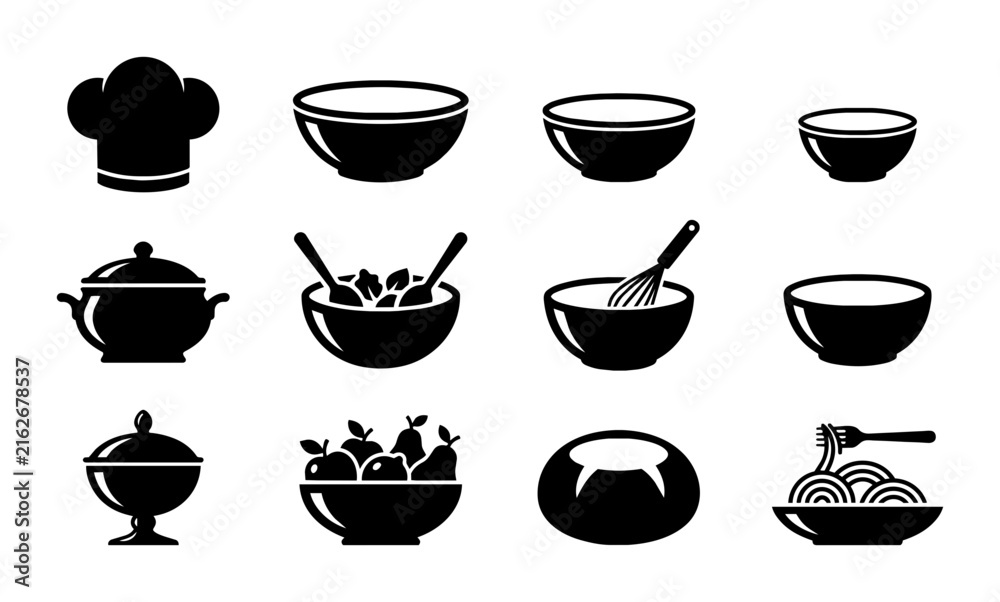 Obraz premium Kitchen Utensils Vector Icons Set: Chef Hat, Bowls, Pots, Salad, Whisk, Candy Dish, Fruit Bowl, Pasta, Culinary Equipment, Cooking Tools, Food Preparation, Black and White Graphics