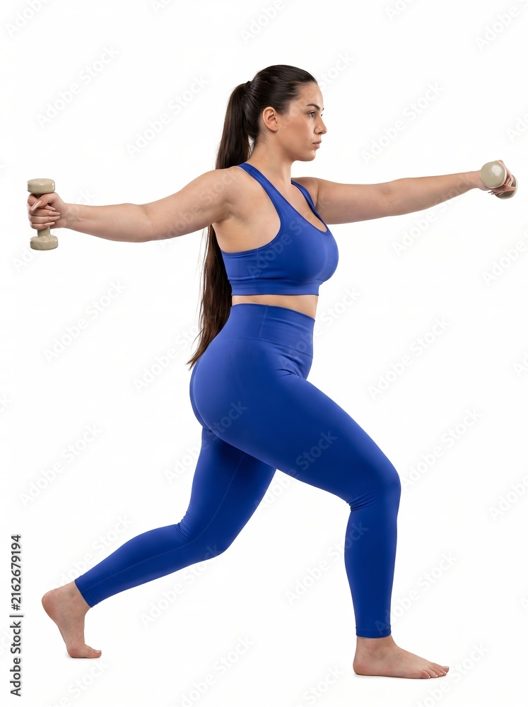 Fototapeta premium Fit woman in blue activewear performing a lunge with dumbbells on a white studio background, showcasing strength and an active lifestyle