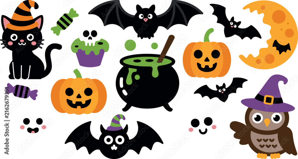 Obraz premium Cute Halloween Vector Set Cartoon Black Cat Pumpkin Bat Owl Cauldron Elements Collection for Kids Party Decoration
