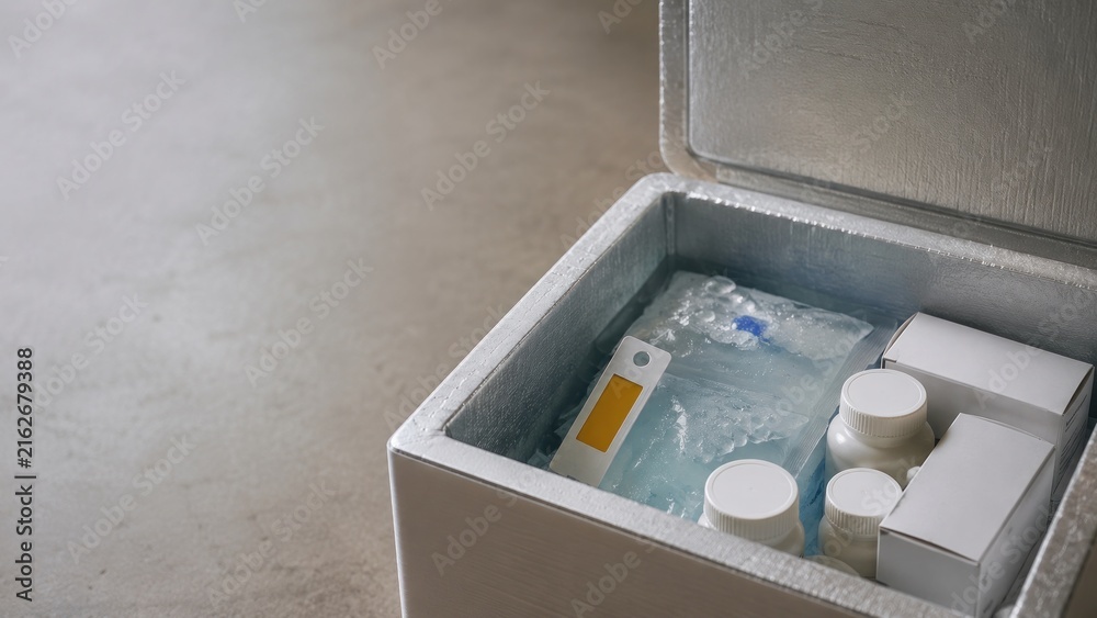 Fototapeta premium GLP-1 medication stored in insulated cold box, refrigerated weight management treatment for pharmaceutical delivery