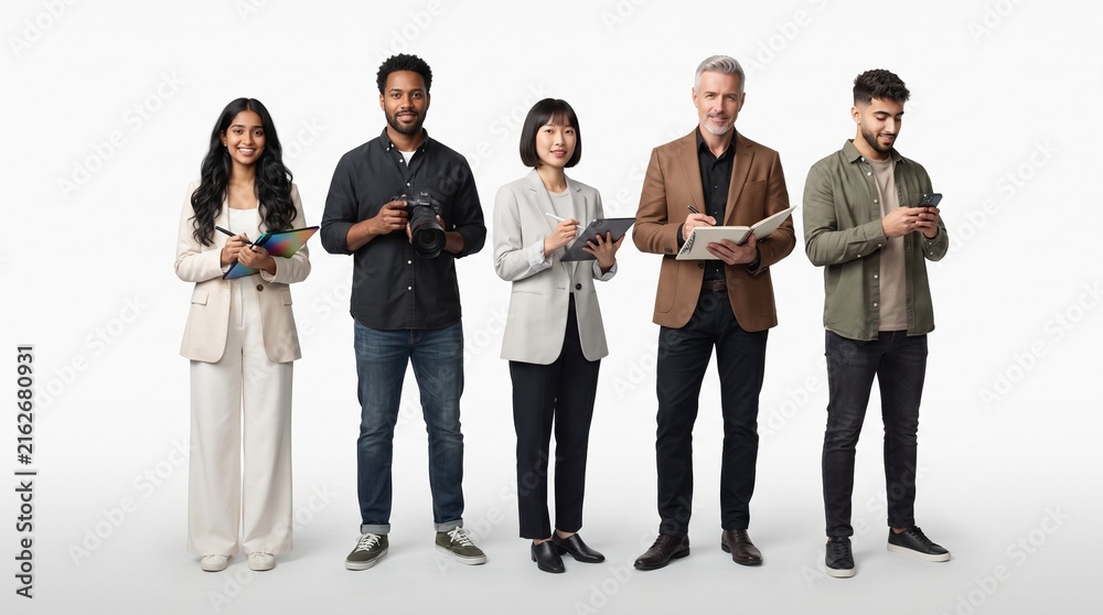 Obraz premium Diverse Creative Design Team of Five Full Body Professionals Isolated on White Background – Modern Collaboration Concept