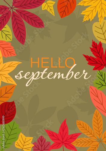 Hello September autumn poster with colorful fall leaves
