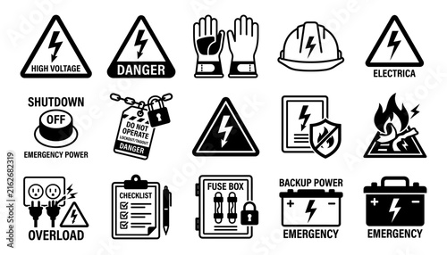Set of black and white electrical safety icons, hazard symbols, and emergency power equipment vectors