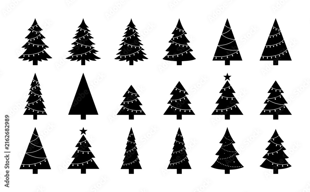 Obraz premium Christmas Tree Icons Set, Festive Evergreen Silhouettes with Lights, Winter Holiday Vector Graphics for Seasonal Design and Celebration