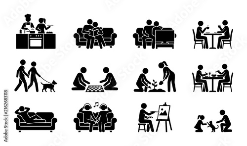 Diverse Lifestyle Pictograms: Family, Leisure, and Home Activities, 12 Icons Set, Black and White Vector Graphics for Modern Design