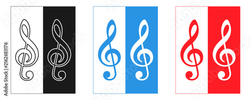 Treble clef music symbols in black white blue and red color contrast graphic design elements