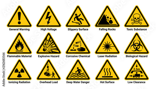 Set of yellow and black warning and hazard signs with symbols and text isolated on white background