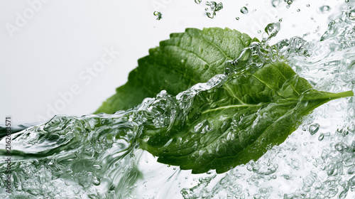 Hyper-Realistic Macro Shot of Pure Water Splashing Around a Fresh Botanical Leaf