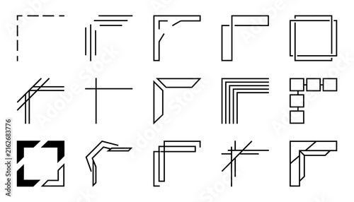 Set of modern minimal corner frame and border design elements in black vector style