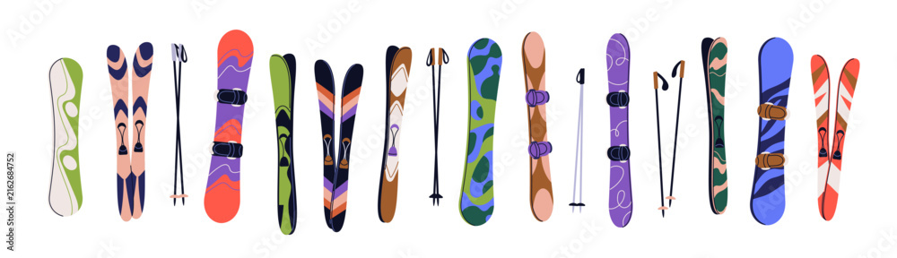 Fototapeta premium Snowboards, skis and poles set. Snowboarding, skiing gears for alpine mountain resort, seasonal recreation. Equipment for winter sport activity. Flat vector illustration isolated on white background.