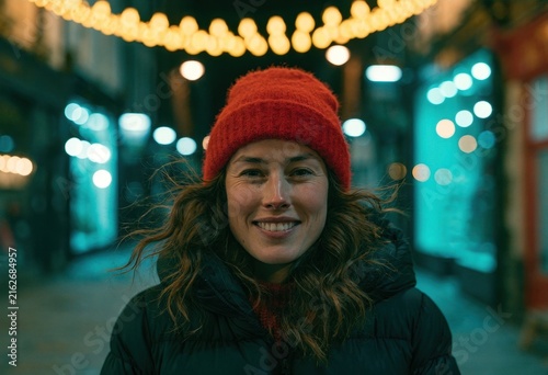Woman in red beanie walking on illuminated city street at night