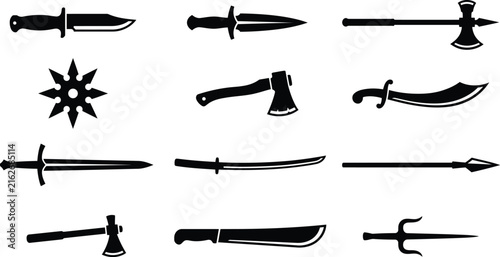 Set of black silhouette icons of various historical and modern melee weapons including knives swords axes spear shuriken isolated on white background