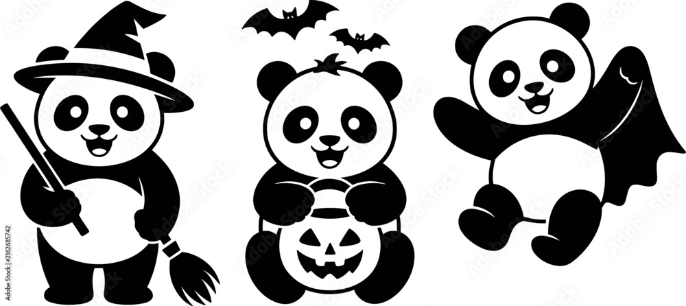 Obraz premium Set of Halloween Vector Silhouettes Featuring Cute Pandas with Witch Hat Broom Pumpkin Bucket and Bats