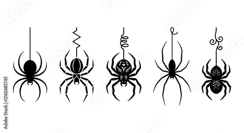 Five Black Spider Vector Icons, Halloween Spiders, Creepy Crawly Insect Graphics, Arachnid Illustrations