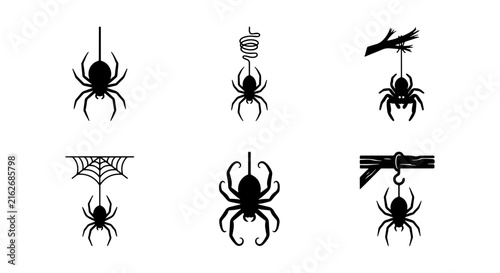 Halloween Spider Icons Set, Spooky Arachnid Vector Graphics, Creepy Crawly Web Illustrations, Black Silhouette Collection