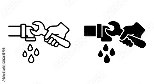 Plumbing Repair Icons: Wrench Tightening Pipe with Dripping Water, Line Art and Silhouette Styles