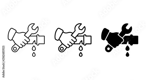 Plumbing Repair Icons: Dripping Pipe, Wrench, Hand. Service, Maintenance, Leak Detection.