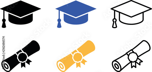 Graduation caps and diplomas in simple icon style for academic achievement