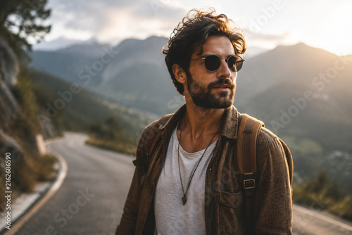 Stylish individual walking on mountain road with scenic backdrop and soft lighting.