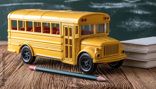 Yellow school bus toy on wooden desk with pencil and books