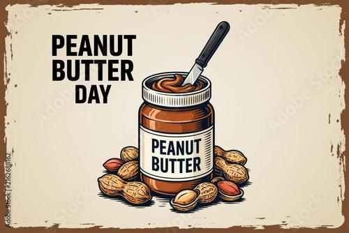 Peanut butter day vintage poster with jar and peanuts
