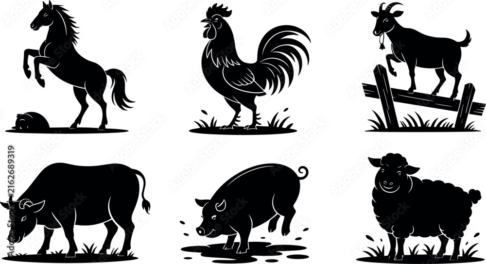 Fototapeta premium Set of black farm animal silhouettes featuring a rearing horse, rooster, goat on a fence, bull, pig, and sheep