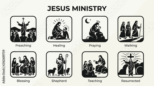 Jesus ministry vector icon set featuring preaching, healing, praying, blessing, and teaching scenes in black and white