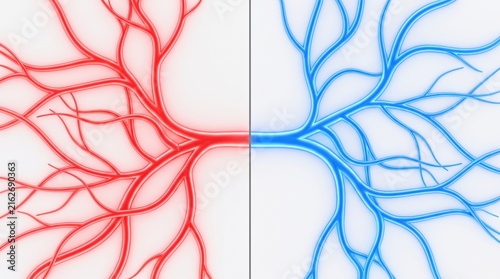 Abstract illustration of red and blue neural pathways on a white background
