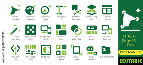 AI graphic design and UI tools icon set. Vector trace, logo generator, brand kit and mockup solid glyph vector symbols