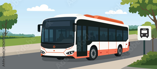 Bus Arriving at Bus Stop. Public Transportation Bus Stop Scene. City Bus at Public Bus Stop. Modern City Bus Transportation Scene.