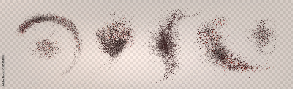 Fototapeta premium Coffee powder scatter set isolated on transparent background. 3d vector realistic illustration of chocolate or cocoa particles splash, brown dust texture, scattered cinnamon effect for food design