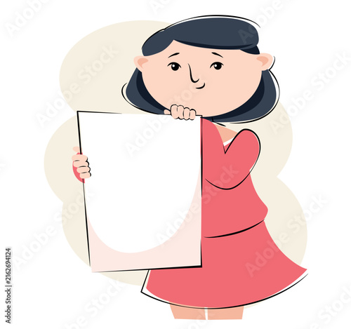 Vector Illustration of Cute Girl Holding Blank Vertical Poster Signboard for Text Copyspace