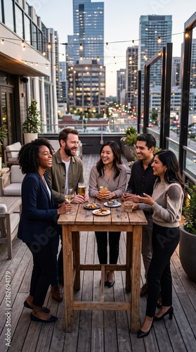Diverse Group of Young Professionals Socializing and Drinking Wine Together on a City Rooftop Terrace at Sunset