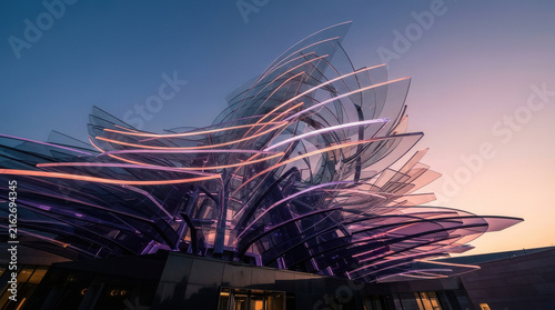 Vibrant Illuminated Glass Architectural Structure Detail Against Twilight Sky