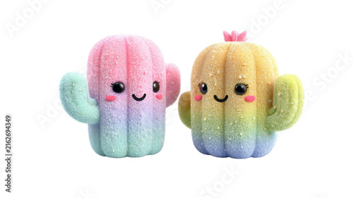 Two cute fluffy rainbow cactus toys smiling happily