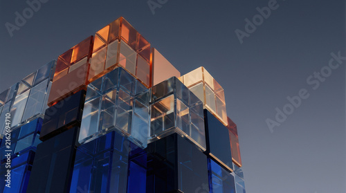 Modern Architectural Structure of Stacked Glass Cubes Reflecting Sky and Light