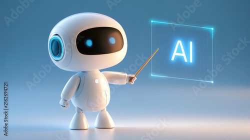 Cute robot teacher pointing at a virtual AI screen. Futuristic artificial intelligence education concept in a modern, blue-toned environment. 3D illustration.