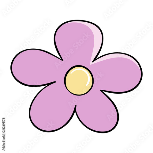 Simple, cheerful cartoon flower with five soft pink petals and a yellow center
