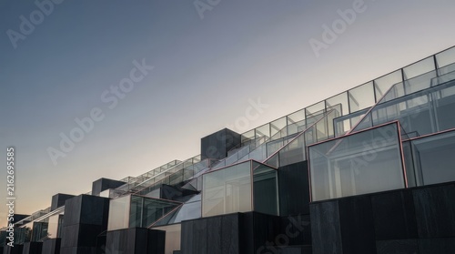 Modern Black and Glass Cubes Architectural Facade at Dusk