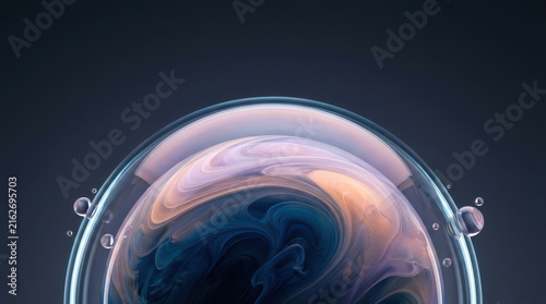 Abstract Glass Sphere with Swirling Fluid and Orbiting Bubbles
