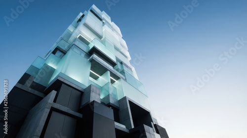 Futuristic Glass and Acrylic Skyscraper Architecture Against Blue Sky